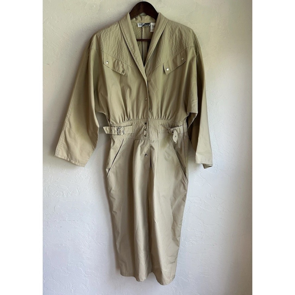 Vintage 80s Khaki Trench Midi Shirt Dress 10 Equestrian Old Money Minimalist - Picture 4 of 10